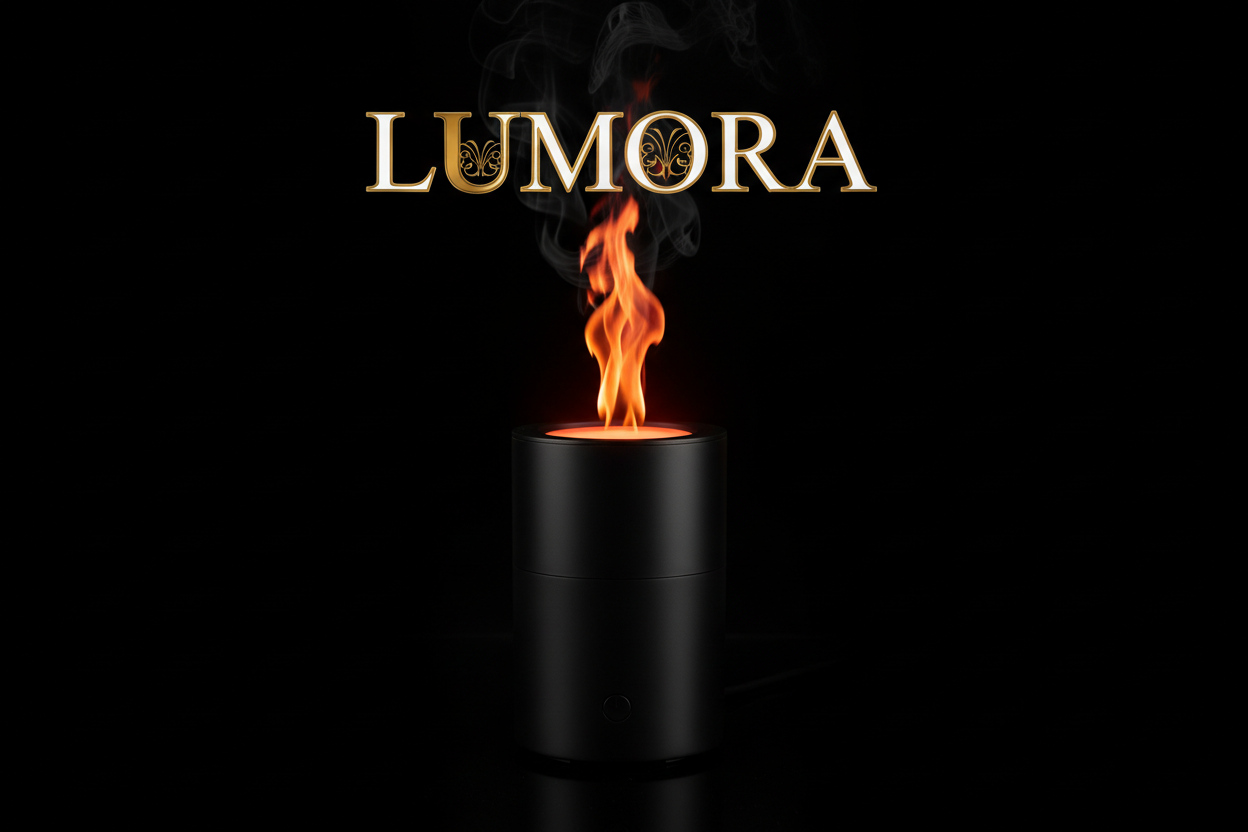 I whan t to make me a powered flame aroma diffuser with a background black and up a text with gold an white with text LUMORA